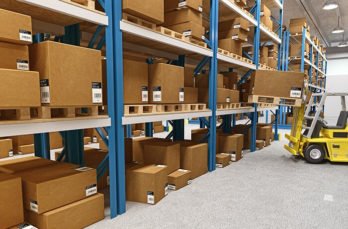 Fine 3d image of classic warehouse and forklift in action